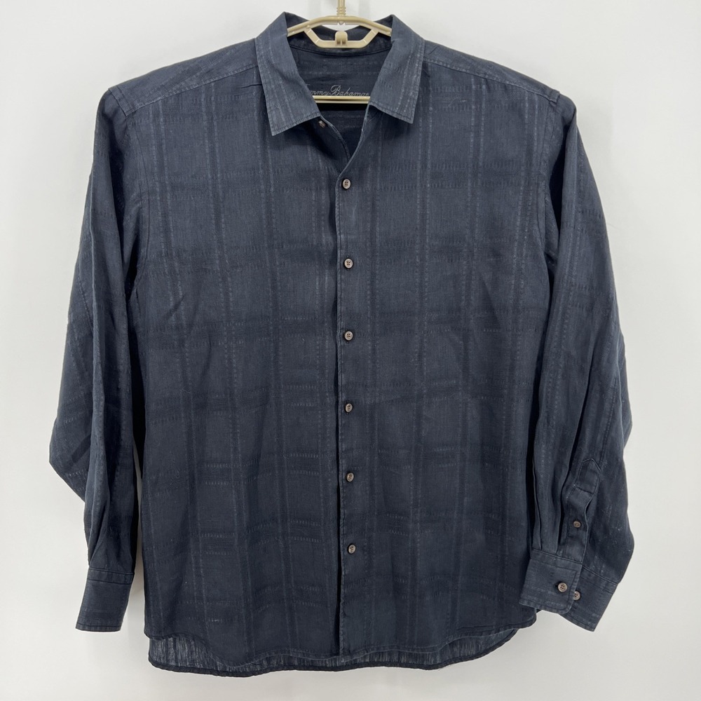 Tommy Bahama Shirt Mens Black Linen ??? Long Sleeve Button Up Textured